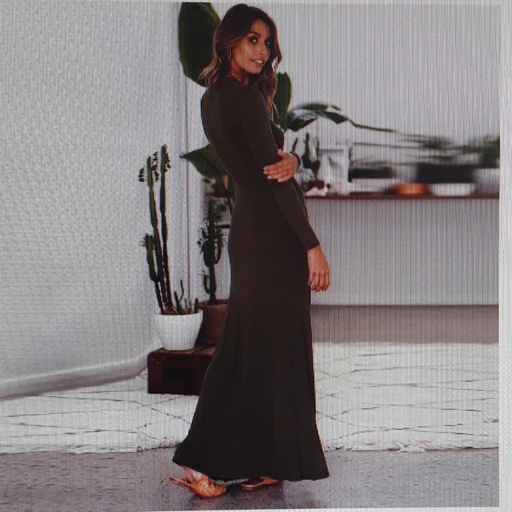 NWOT Olive V-Neck Split Bohemian Maxi Dress M - Picture 3 of 8